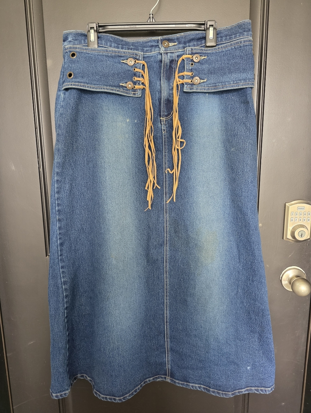 Juke Box Stretch Denim Skirt Size 16 Blue Lace-Up Waist Midi Jean Skirt Vintage